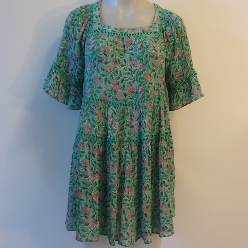 Womens Kos Resort Green Pink Floral Mini Tunic Dress XS *